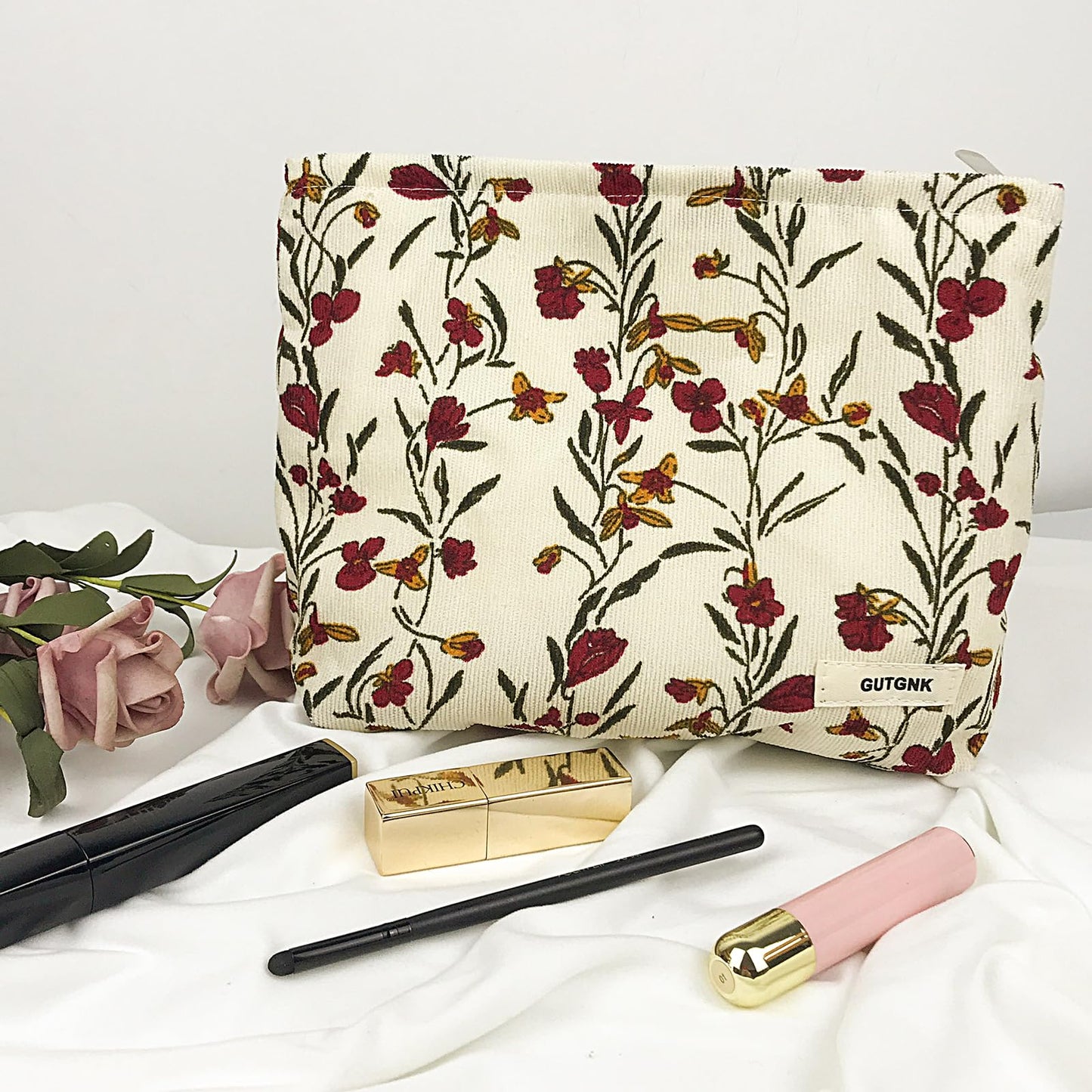 GUTGNK Corduroy Ladies Cosmetic Bag, Large Capacity Canvas Cosmetic Bag Travel Toiletry Bag Accessories Organizer, Morning Glory