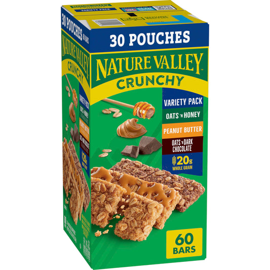 Nature Valley Crunchy Granola Bars Bulk Variety Pack, Oats 'n Honey, Peanut Butter & Oats 'n Dark Chocolate, 30 Two-Bar Wrapped Pouches (60 Bars Total), Whole Grain, No Artificial Flavors, 44.7 OZ