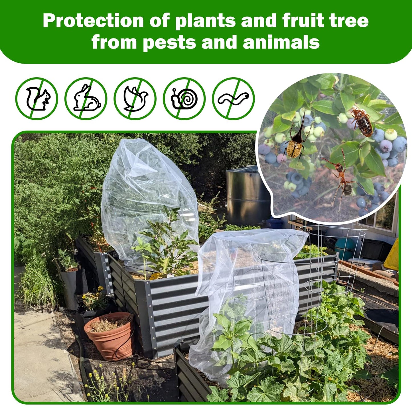 4 Pack Garden Mesh Netting for Plants 2.6x3.3ft - 3.3x4.9ft Insect Bird Netting Pest Barrier Bag with Drawstring 2 Size Fruits Tree Blueberry Bush Netting Cover Bag Protection for Vegetables Tomato