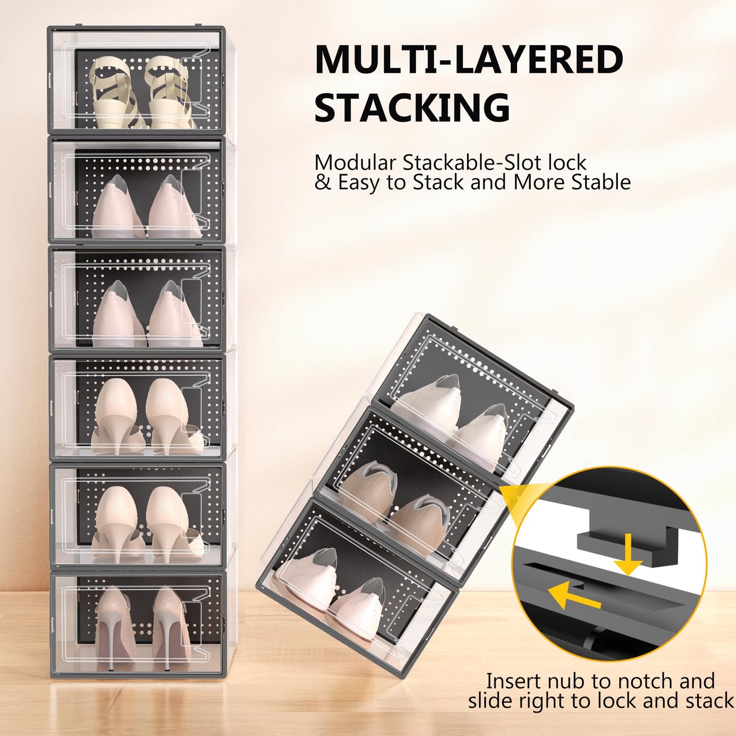 12 Pack Large Shoe Organizer Storage Boxes for Closet, Modular Space Saving Shoe Boxes Clear Plastic Stackable Sneaker Containers Display Case with Lids, Black