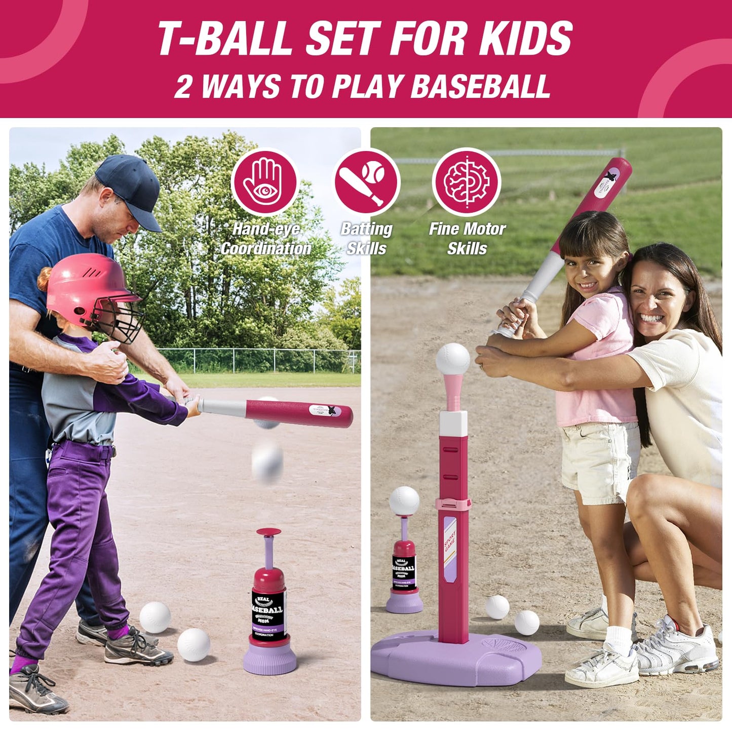 HYES 2 in 1 Kids Basketball Hoop and T Ball Set - Adjustable Height, Kids Baseball Tee with Automatic Pitching Machine, Indoor Outdoor Sport Toys Gifts for Toddler Boys Girls Age 1-5, Pink