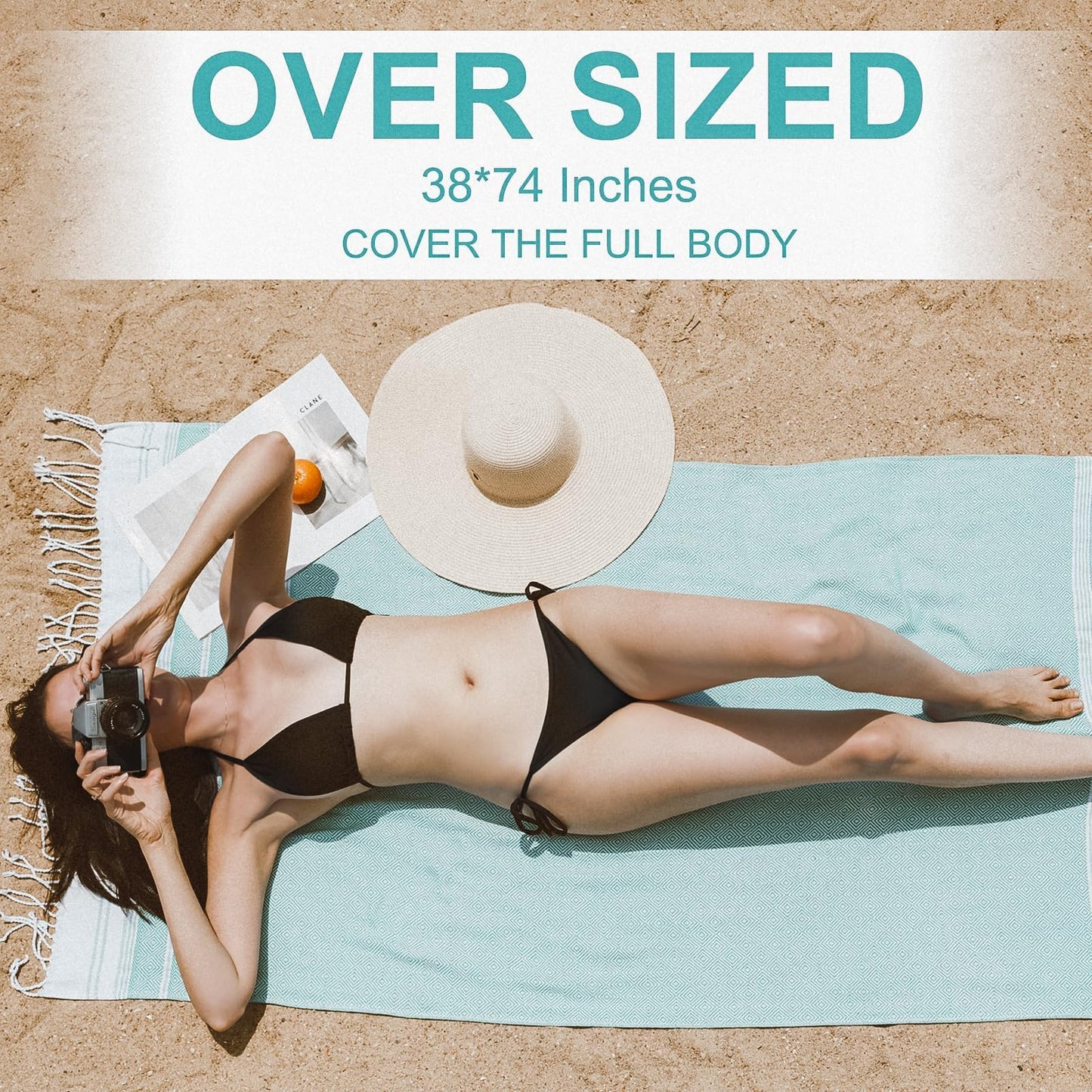 Genovega 6 Packs Oversized Turkish Beach Towels Set Bulk 74"x38" Extra Large Sand Free Quick Dry Swim Bath Camping Pool Towel Travel Blanket Adult Essentials Cruise Accessories Vacation Stuff