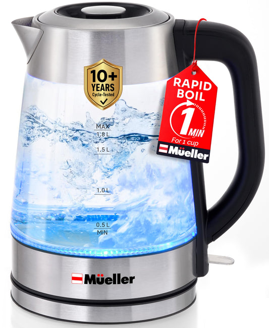 Mueller RapidBoil Electric Kettle 1.8L – Borosilicate Glass & Stainless Steel – BPA-Free Tea Kettle, LED Light, Auto Shut-Off, Boil Dry Protection Water Heater – Fast Heating, Kitchen Appliances