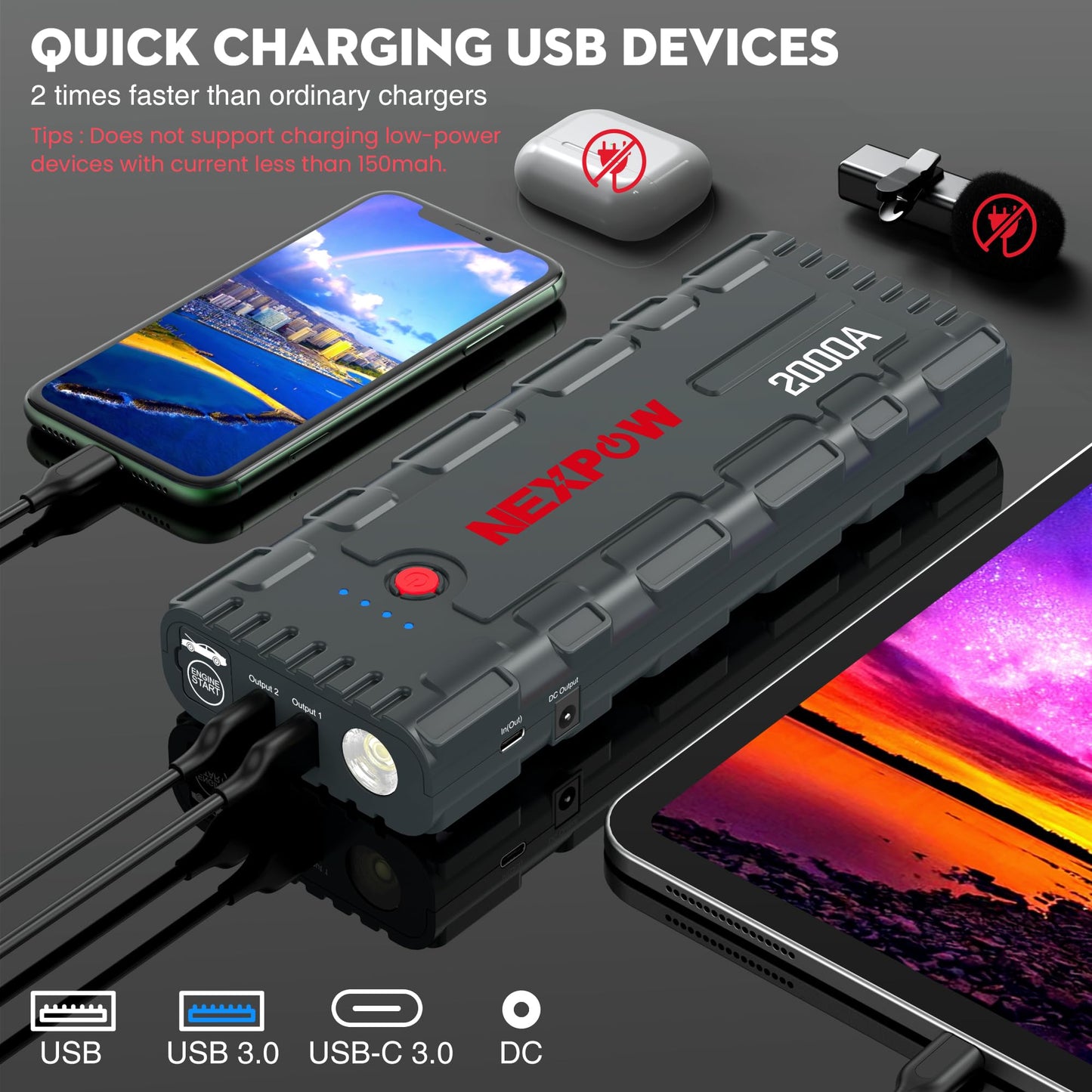 NEXPOW 2000A Peak Car Jump Starter with USB Quick Charge 3.0 (Up to 7.0L Gas or 6.5L Diesel Engine), 12V Portable Jump Box, Battery Booster with Built-in LED Light