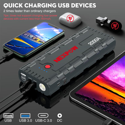NEXPOW 2000A Peak Car Jump Starter with USB Quick Charge 3.0 (Up to 7.0L Gas or 6.5L Diesel Engine), 12V Portable Jump Box, Battery Booster with Built-in LED Light