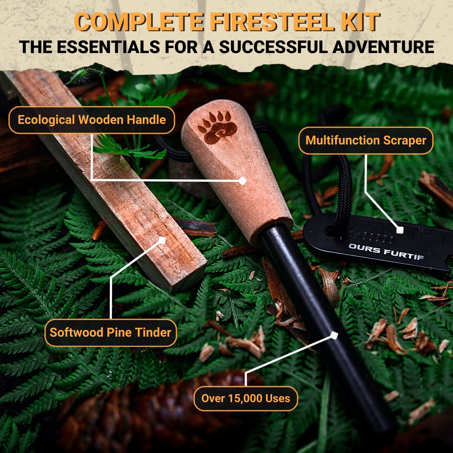 OURS FURTIF Fire Starter Survival Kit – 3/8" Ferro Rod with Multi-Tool Striker & Natural Fatwood Tinder – 15,000+ Strikes Waterproof Flint Fire Steel – Bushcraft, Camping & Emergency Gear