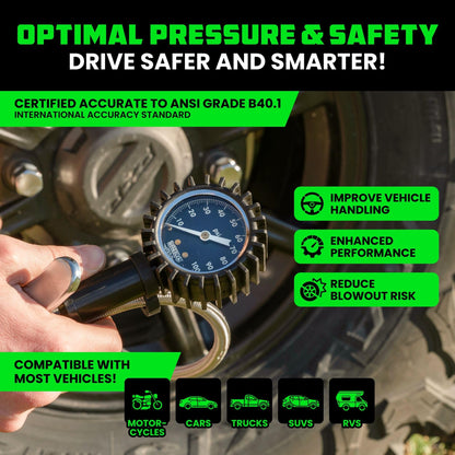 Rhino USA Tire Pressure Gauge with Inflator (0-100 PSI) - Heavy Duty Air Chuck and Compressor Accessories with Stainless Braided Hose, Large Analog Dial and Solid Brass Hardware for Truck and RV