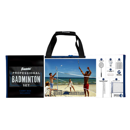 Franklin Sports Badminton Net Set - 4 Aluminum Rackets, 2 Birdies, Adjustable Net and Stakes - Backyard or Beach Badminton Set - Easy Setup - Professional