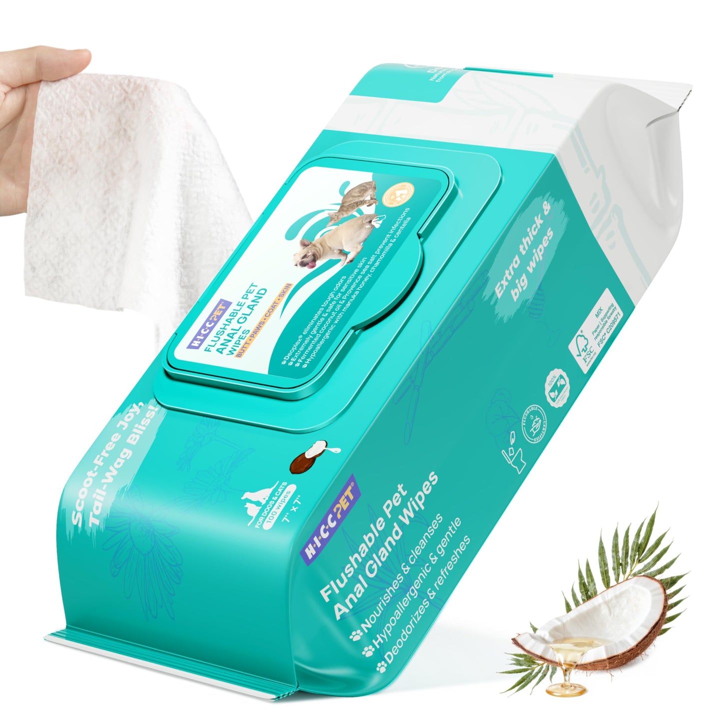 HICC PET Wipes for Dogs & Cats, Vet Recommended Cleansing Deodorizing & Soothing Allergy Infections Anal Gland Wipes with Coconut Oil, Dog Wipes for Cleaning Butt Paw, Remove Small Animal Coat Stain