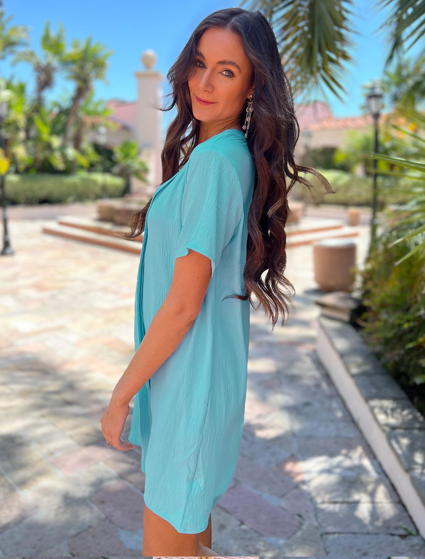 Halife Women's Plus Size Swim Cover Up V-Neck Short Sleeve Bathing Suit Coverups Beach Cover Ups Blue Green XXL