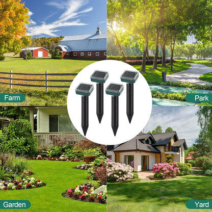 Mole Repellent Solar Powered 4 Pack,Snake Vole Repellent Outdoor, Gopher Repeller Ultrasonic Solar Powered for Lawn Garden Waterproof, Sonic Mole Spikes,Get Rid of Moles Groundhog Chipmunk Repellent