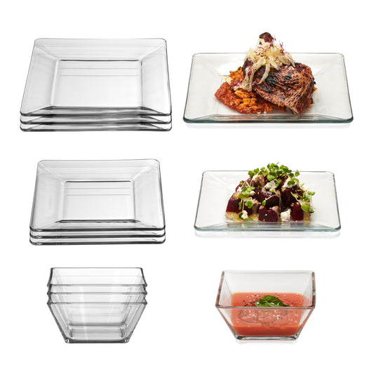 Libbey Tempo Glass Dinnerware Set, Sleek Square Clear Glass Plates and Bowls Set of 12, Dishwasher Safe Glass Dishes Set for Dinners and Parties