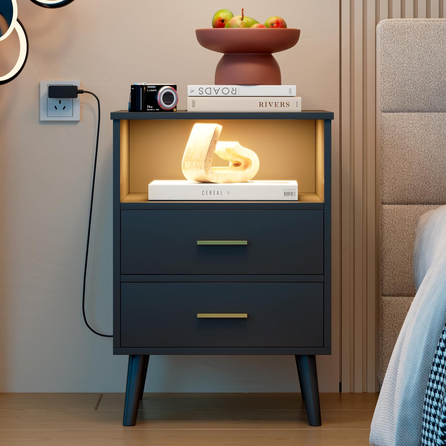 LVSOMT Black Nights Stand with Gun Drawer, Bedroom LED Nightstand with Charging Station, Bedside Table with Metal Legs, Wood Sofa Couch End Side Table
