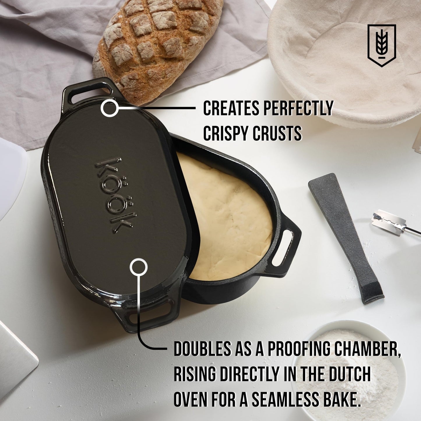 KooK Dutch Oven, Oven for Sourdough Bread Baking, with Lid, Dual Handles, Enameled Cast Iron, includes Lid Lever, Great for Baking Bread, Cooking and Roasting, Dishwasher Safe, 3.4 Qt, Black