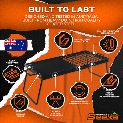 Adventure Seeka 24" Heavy Duty Folding Campfire Grill, Food-Safe Cooking Surface, Compact Folding Design, Portable Grill Grate & Griddle for Campfire Cooking, Australian Designed & Owned