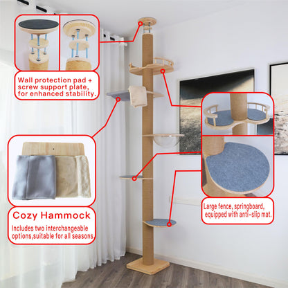Floor to Ceiling Cat Tree Height (50-120 in) Adjustable Cat Tower 5 Tier Hemp Scratching Post High Cat Tree Sturdy Activity Tree Indoor Outdoor Cat Scratching Post Activity Center