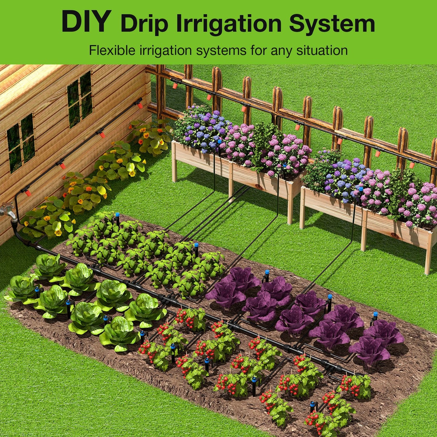 MIXC Greenhouse Micro Drip Irrigation Kit Automatic Irrigation System Patio Misting Plant Watering System with 1/4 inch 1/2 inch Irrigation Tubing Hose Adjustable Nozzle Emitters Barbed Fittings
