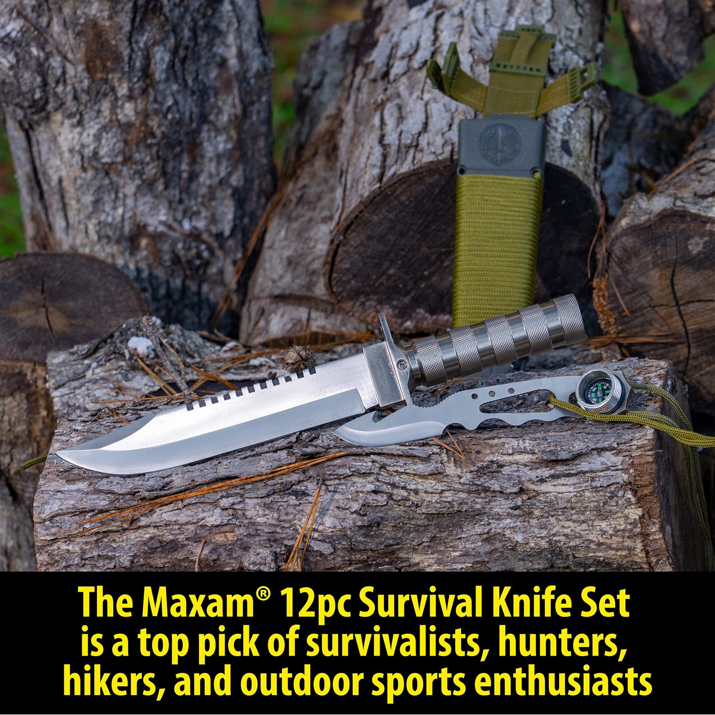 Maxam 12-Piece Survival Knife Set with Zinc Alloy Handles, Ideal for Survivalists, Hunters, Hikers, and Outdoor Sports Enthusiasts