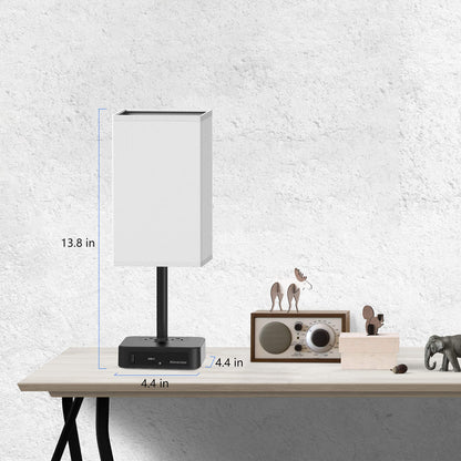 Alimentata Bedside Table Lamp with Touch Control & USB C+A Charging Ports LED Desk Lamp with 2 AC Outlets, Minimalist Nightstand Light with Black Fabric Shade for Bedroom, Living Room, Office, White