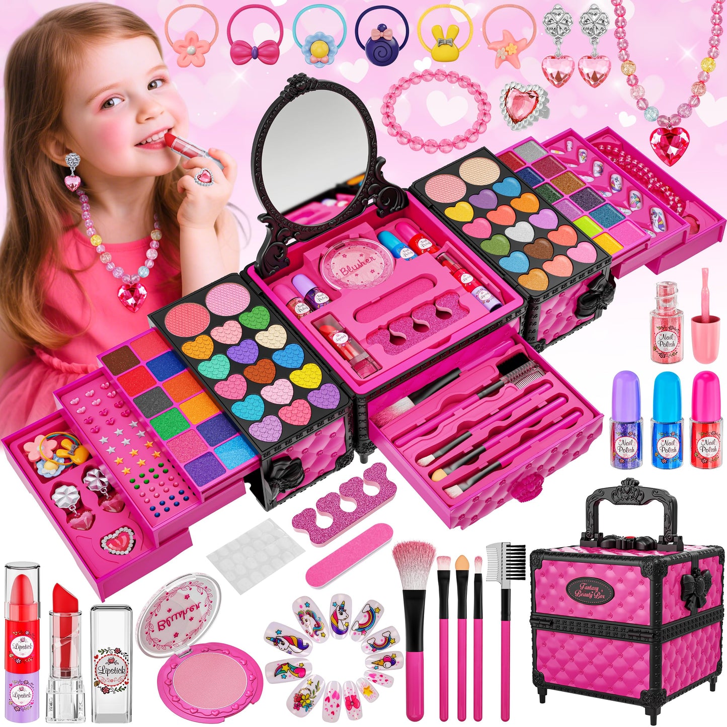 99 Pcs Kids Makeup Kit for Girls, Princess Toys Real Washable Cosmetics Set with Mirror, Hair Ties, Nails, Rings, Earrings, Necklace, Perfect for 3 4 5 6 7 8 Year Old Girls Birthday