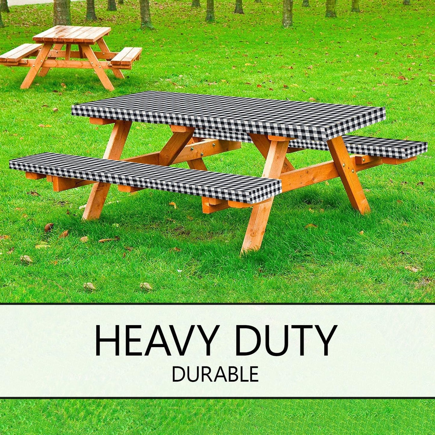 LINPRO 8ft Picnic Table Cover with Bench Covers Vinyl Fitted Picnic Table Covers with Elastic Camping Essentials and Picnic Tablecloth and RV Accessories with Bag