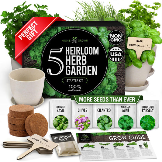 HOME GROWN Indoor Herb Garden Starter Kit - Christmas Gift for Gardeners - Complete 5 Herb Plant Grow Kit - Unique Gift for Mom, Women, Her, Men - Birthday Gift