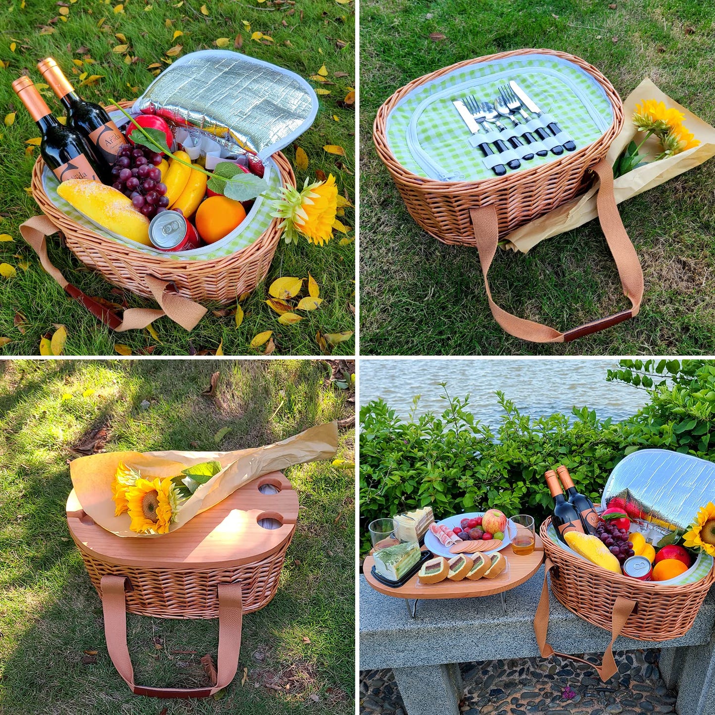Hap Tim Wicker Picnic Basket Set for 4 with Mini Folding Wine Picnic Table & Large Insulated Cooler Bag & Cutlery Service Kits for 4 Person, Couples Gifts, Wedding Gifts (Y2209-4-GR)