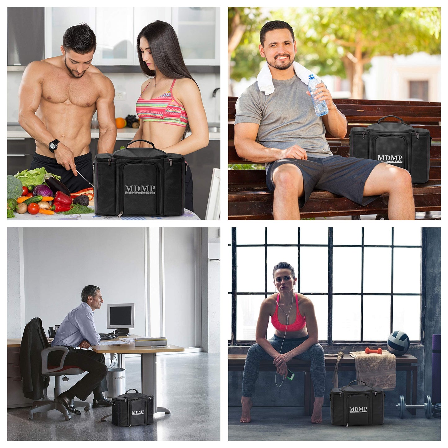 Meal Prep Lunch Bag/Box For Men, Women + 3 Large Food Containers (45 Oz.) + 2 Big Reusable Ice Packs + Shoulder Strap + Shaker With Storage. Insulated Lunchbox Cooler Portion Control Set (Black)