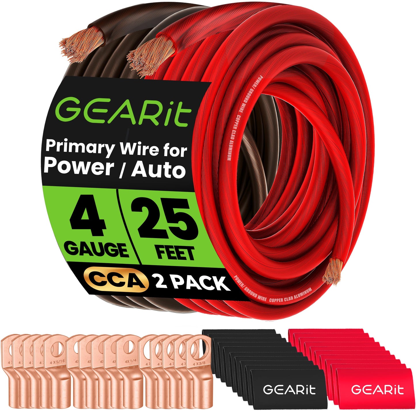 GearIT 4 Gauge Battery Cable - 15 Lugs, 20 Heat Shrink Wrap, CCA Wire, Amp Kit, 25 Feet Each (Black/Red)