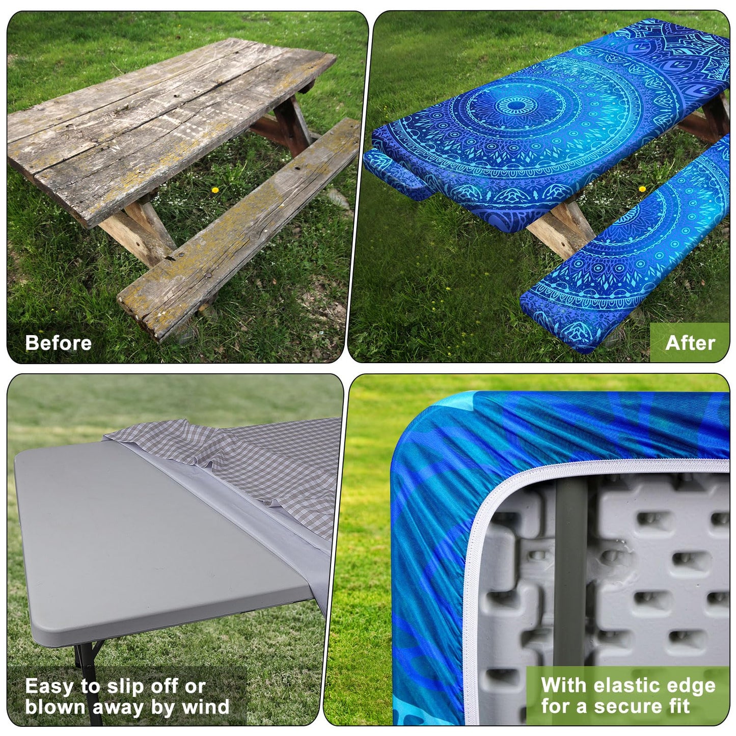 Picnic Table Cover with Bench Covers 6FT 3 Pcs Waterproof Windproof Aesthetic Camping Tablecloth with Drawstring Bag, Fitted for 6 Foot Rectangle Tables and Seats, 72 inch, Dark Blue Green