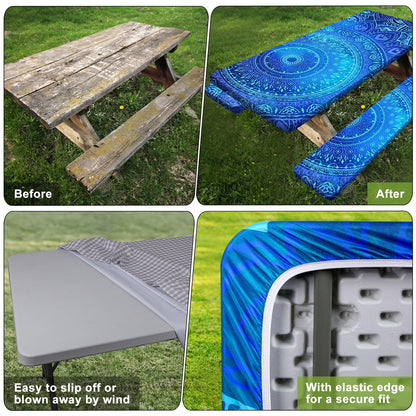 Picnic Table Cover with Bench Covers 6FT 3 Pcs Waterproof Windproof Aesthetic Camping Tablecloth with Drawstring Bag, Fitted for 6 Foot Rectangle Tables and Seats, 72 inch, Dark Blue Green
