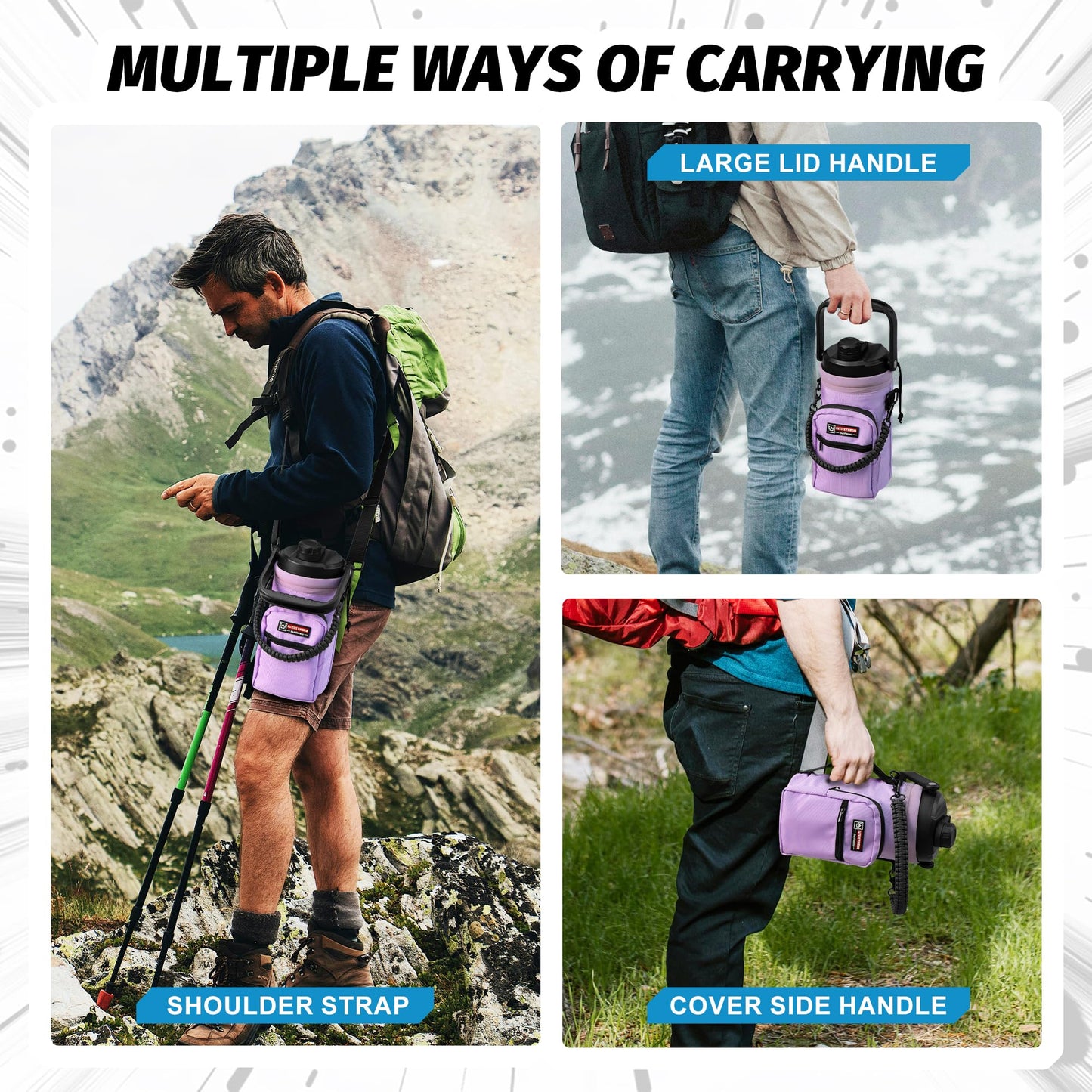 NATURE PIONEOR Insulated Water Bottles with Strap - 64 oz Stainless Steel Vacuum Wide Mouth Bottle with Holder/Carrier/Sleeve - 18/8 Food Grade 64oz Half Gallon Water Jug