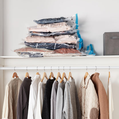 Amazon Basics Vacuum Compression Space Saving Storage Bags with Hand Pump for Clothes Packing, Pack of 15, Multiple Sizes, White