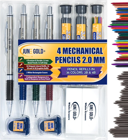 June Gold 4 Pro 2.0 mm Mechanical Pencils, 36 Colored Refills, 36 2B Refills, 36 4B Refills, 2 Sharpeners, 2 Smudge Resistant Erasers, Built in Sharpeners & Soft Non-Slip Grip on Each Pencil
