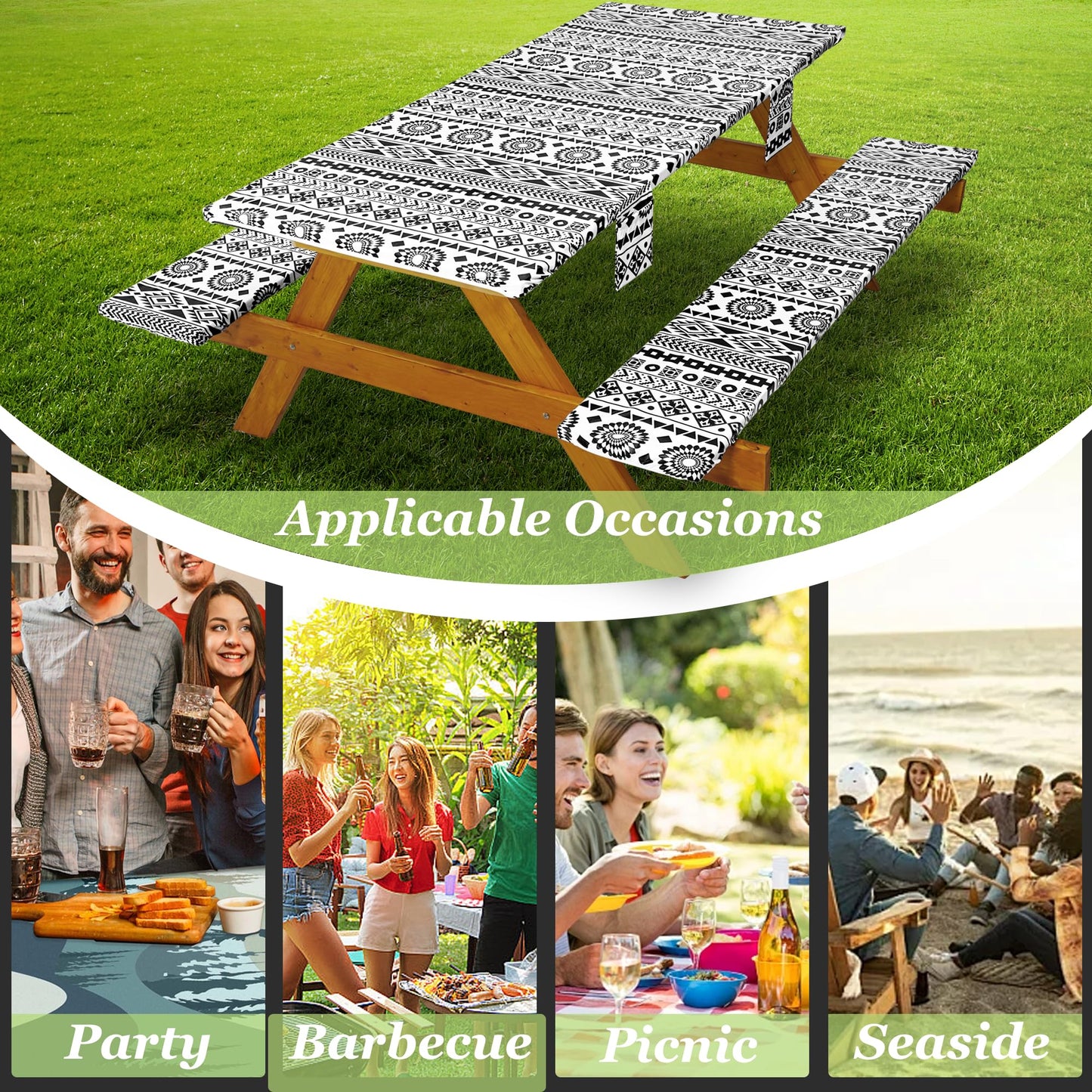 Picnic Table Cover with Bench Covers Vinyl Elastic Edges Fitted Rectangle Tables Seat Waterproof 3-Piece96X30in Set Outdoor Rectangular Folding Backing Tablecloth for Camping Over Size BlackGeometrics