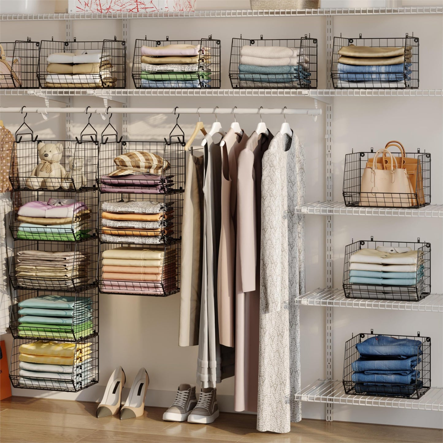 5 Tier Closet Hanging Organizer, Clothes Hanging Shelves with 4 Hanging Hooks 5 S Hooks, Wire Storage Basket Bins, for Clothing Sweaters Shoes Handbags Clutches Accessories Patent Design