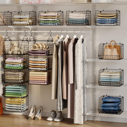 5 Tier Closet Hanging Organizer, Clothes Hanging Shelves with 4 Hanging Hooks 5 S Hooks, Wire Storage Basket Bins, for Clothing Sweaters Shoes Handbags Clutches Accessories Patent Design