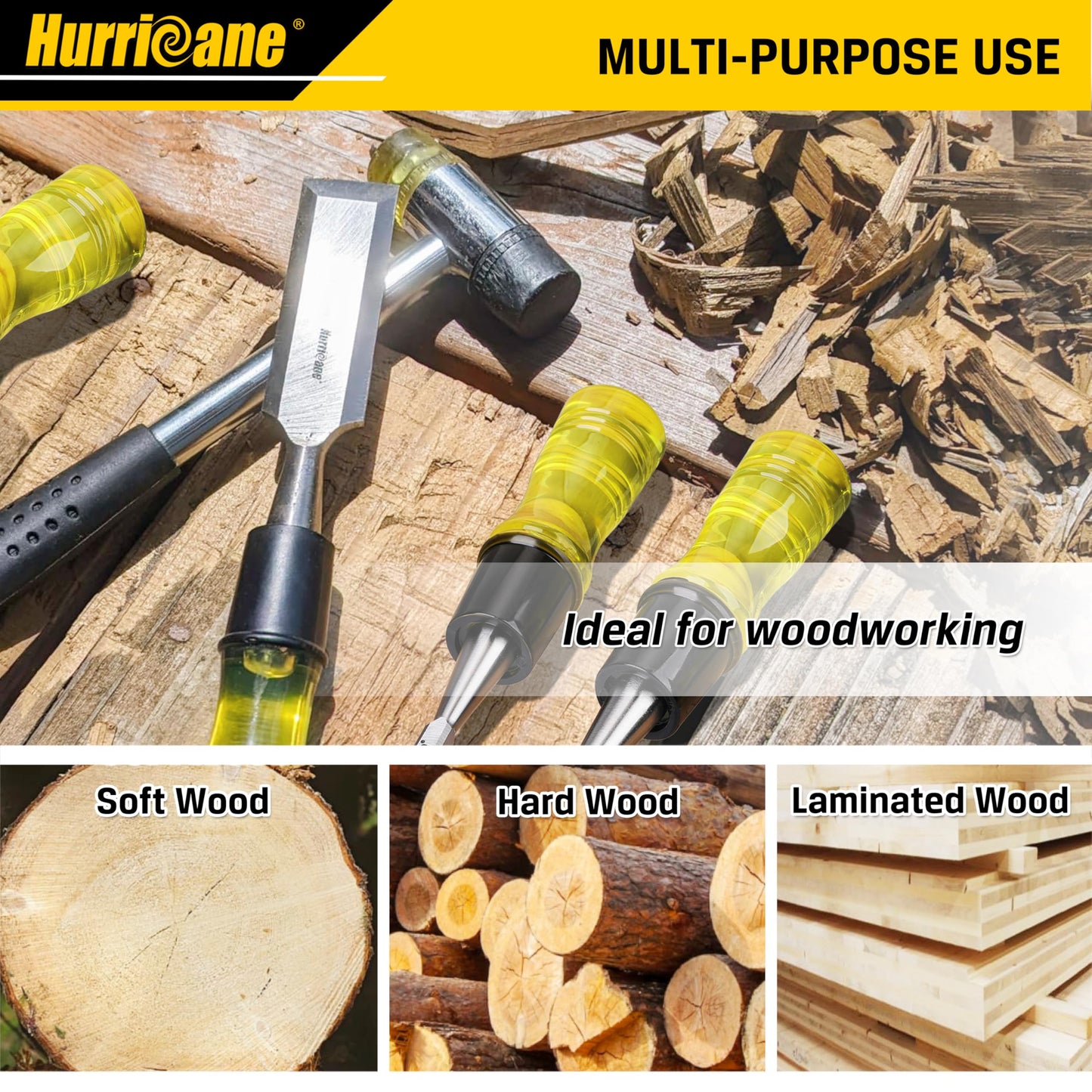 HURRICANE 4 Piece Wood Chisel Set for Woodworking. CR-V Steel Beveled Edge Blades with Safety Caps. Durable PVC High Impact Handle, for Precision Carving & DIY Projects (1/4", 1/2", 3/4", 1")