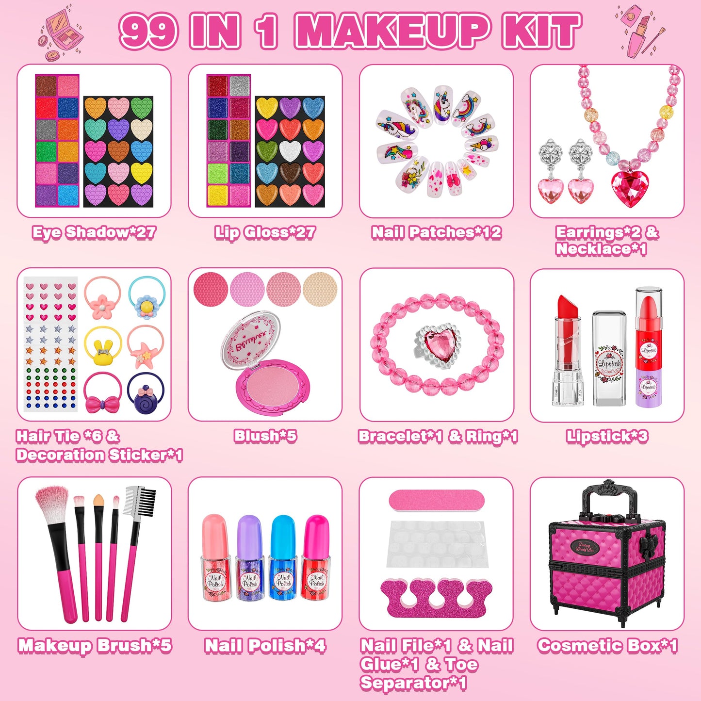 99 Pcs Kids Makeup Kit for Girls, Princess Toys Real Washable Cosmetics Set with Mirror, Hair Ties, Nails, Rings, Earrings, Necklace, Perfect for 3 4 5 6 7 8 Year Old Girls Birthday