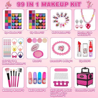 99 Pcs Kids Makeup Kit for Girls, Princess Toys Real Washable Cosmetics Set with Mirror, Hair Ties, Nails, Rings, Earrings, Necklace, Perfect for 3 4 5 6 7 8 Year Old Girls Birthday