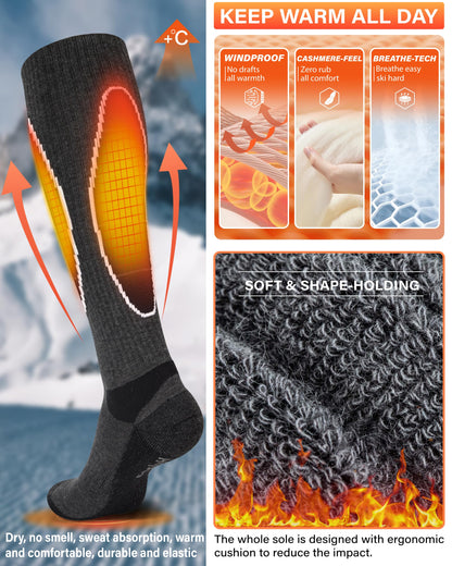 Merino Wool Cold Weather Ski Socks for Snowboarding, Snow, Winter - Thermal Knee-High Warm Socks for Hunting, Outdoor Sports (3 Pairs, Black Grey Grey, X-Large)