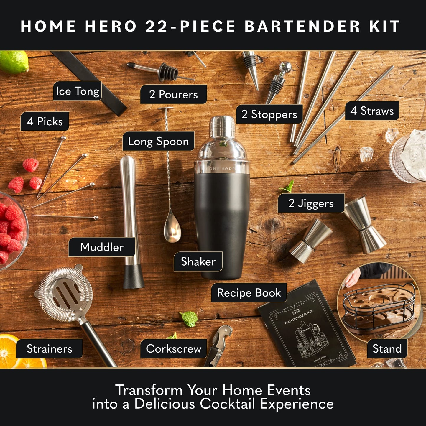 Home Hero Elegant Bartender Kit with Wooden Stand, Premium Bar Set & Cocktail Shaker, Gift for Home Bar and Cocktail Enthusiasts, Essential Bar Accessories with Recipe Book (22 Pcs - Silver)