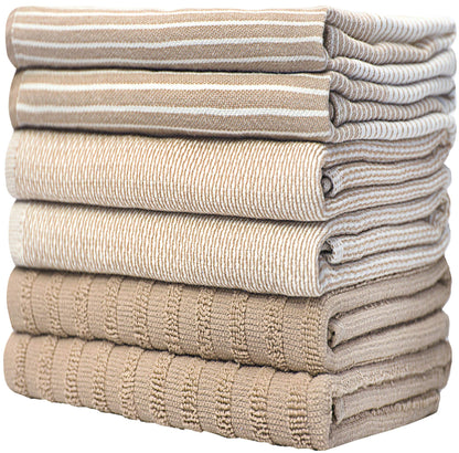 Premium Kitchen Towels (20”x 28”, 6 Pack) | Large Cotton Kitchen Hand Towels | Flat & Terry Dish Towel | Highly Absorbent Tea Towels Set with Hanging Loop | Tan
