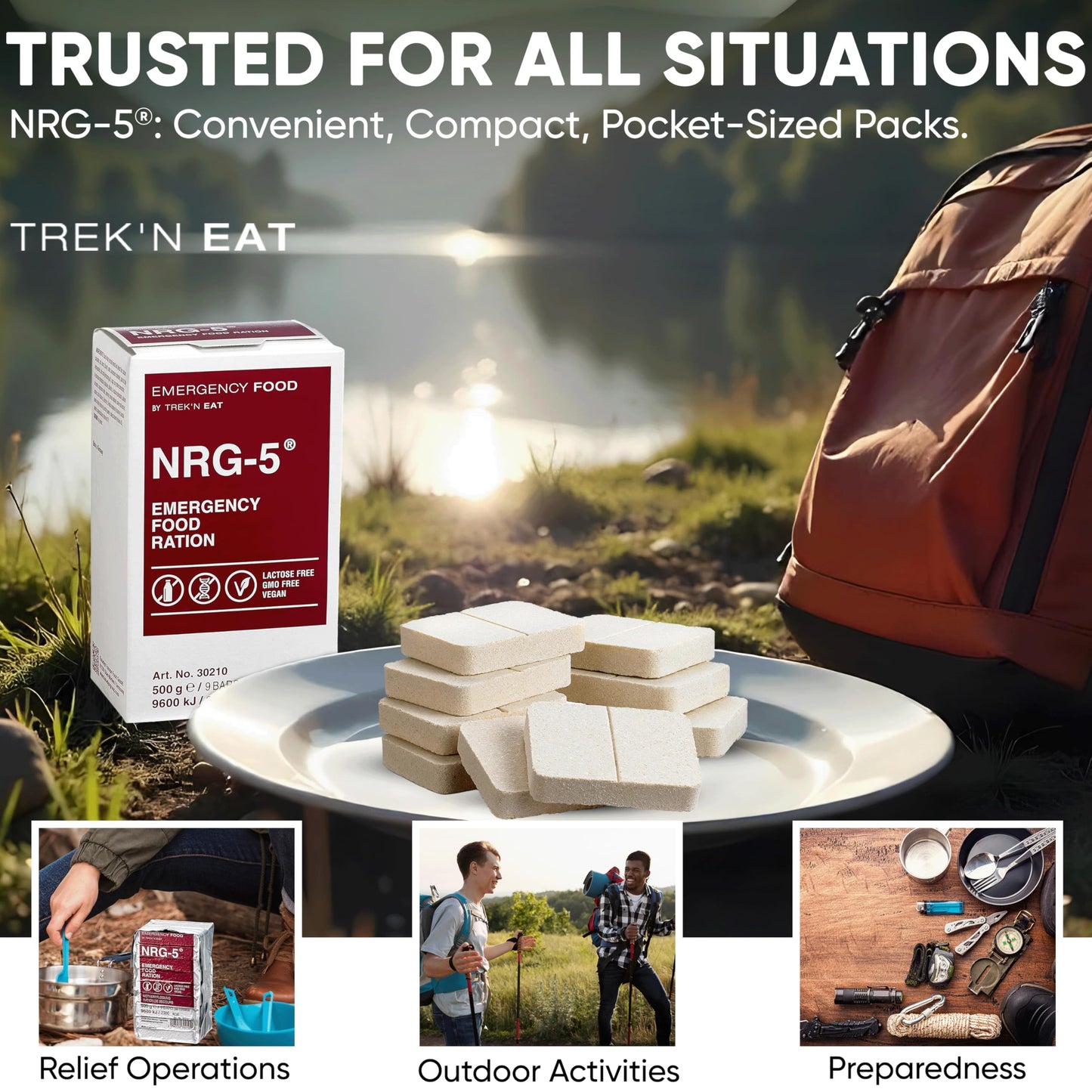 Katadyn NRG-5 Emergency Food Ration 500g Pack of 1 (9 Bars) Ready to Eat 2380 kcal, Vegan, Lactose-Free, GMO-Free | Long-Term Survival, Emergency Preparedness and Outdoor Adventure Food Bar