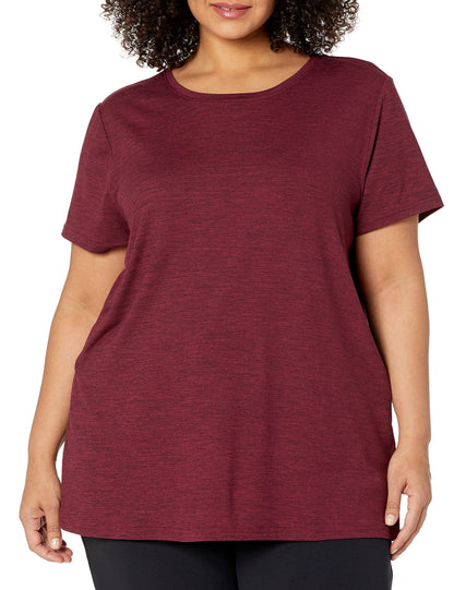 Amazon Essentials Women's Active Quick Dry Tech Stretch Short-Sleeve Crewneck T-Shirt (Available in Plus Size), Pack of 2, Black/Burgundy Space Dye, Medium