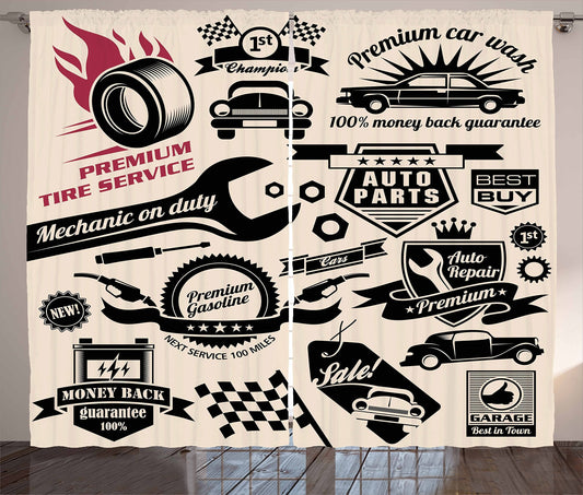 Ambesonne Retro Curtains, Car Repair Shop Logos Monochrome Car Silhouettes Best Garage in Town, Living Room Bedroom Window Drapes 2 Panel Set, 108" X 63", Beige Coral