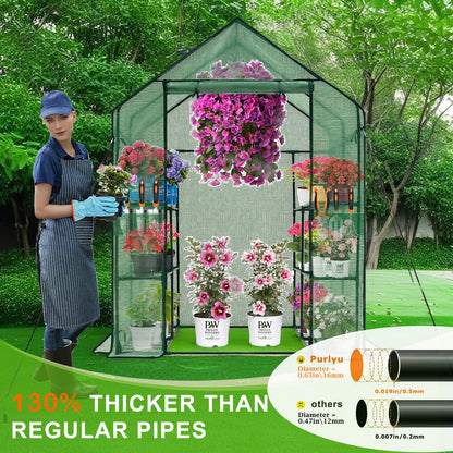 Purlyu Walk-in Greenhouse w/ Roll-Up Zipper Door & Screen Windows-3 Tiers 12 Shelves 56x56x76“ PE Greenhouse for Outdoor Gardening Plants Cold Frost Protection Wind Rain Proof(PLGHW002G-N)