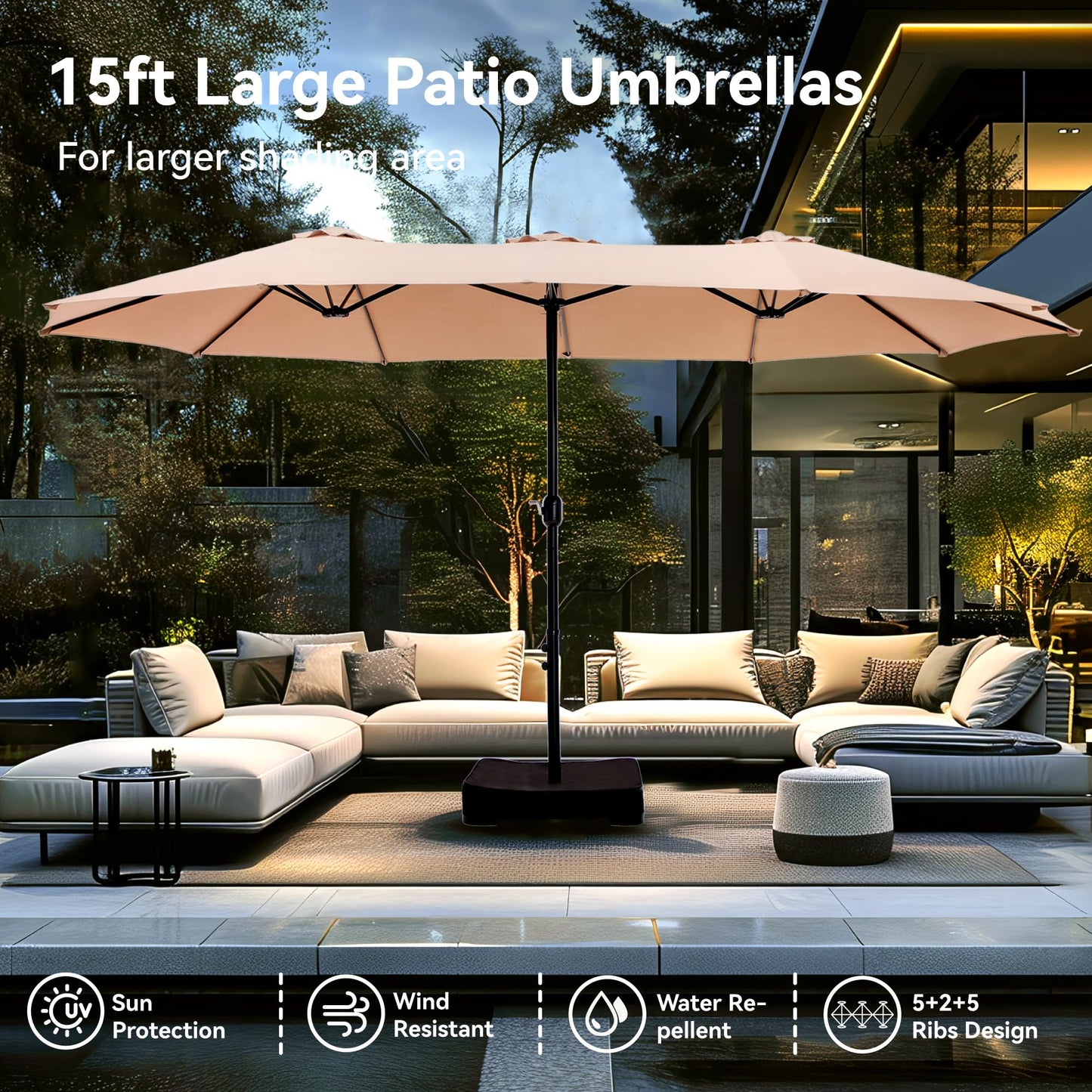 PHI VILLA 15ft Large Patio Umbrellas with Base Included, Outdoor Double-Sided Rectangle Market Umbrella with Stand, Outside Umbrellas for Poolside Lawn Backyard, Beige
