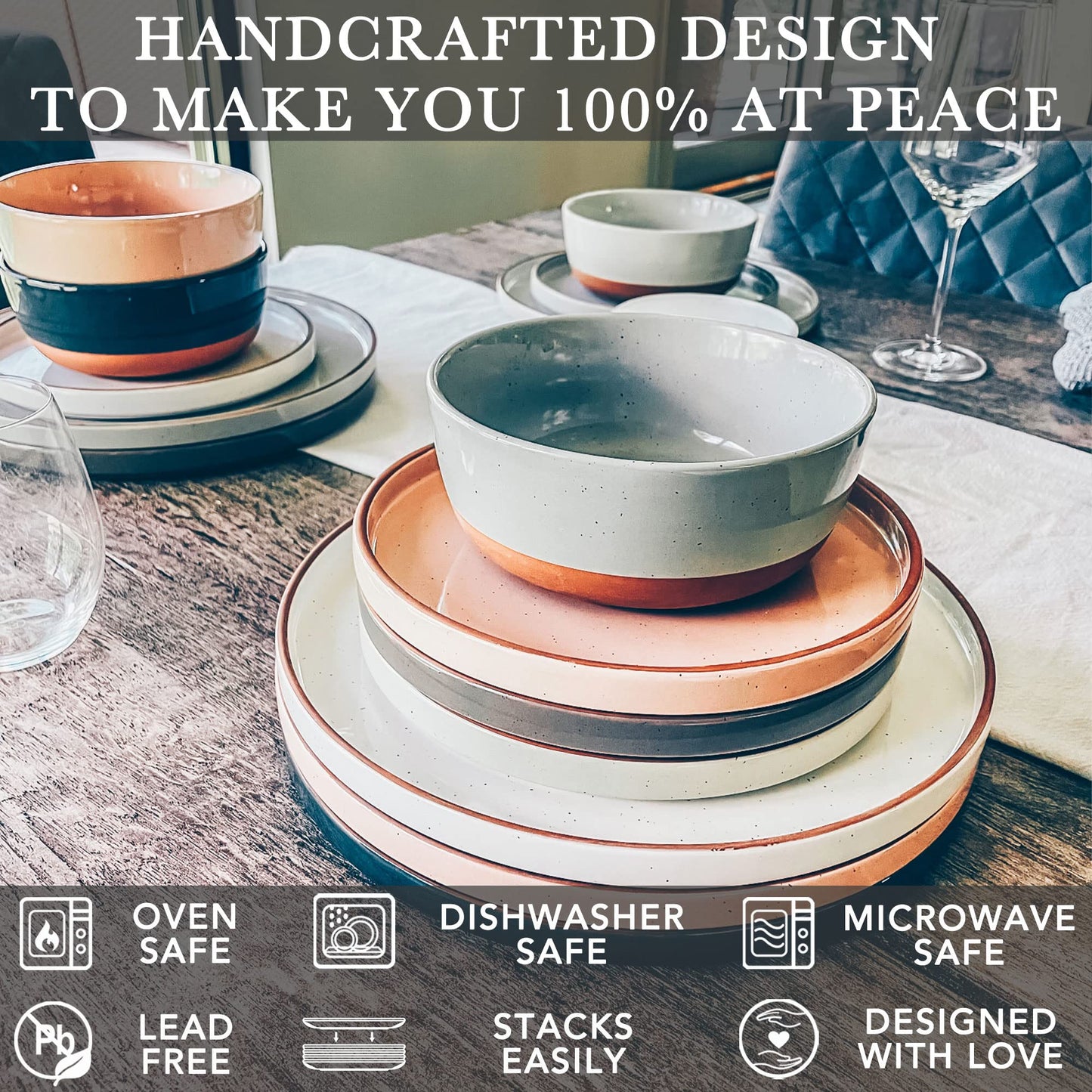 Mora Ceramic Flat Dinner Plates Set of 6, 10.5 in High Edge Dish Set - Microwave, Oven, and Dishwasher Safe, Scratch Resistant, Modern Dinnerware- Kitchen Porcelain Serving Dishes - Assorted Neutrals