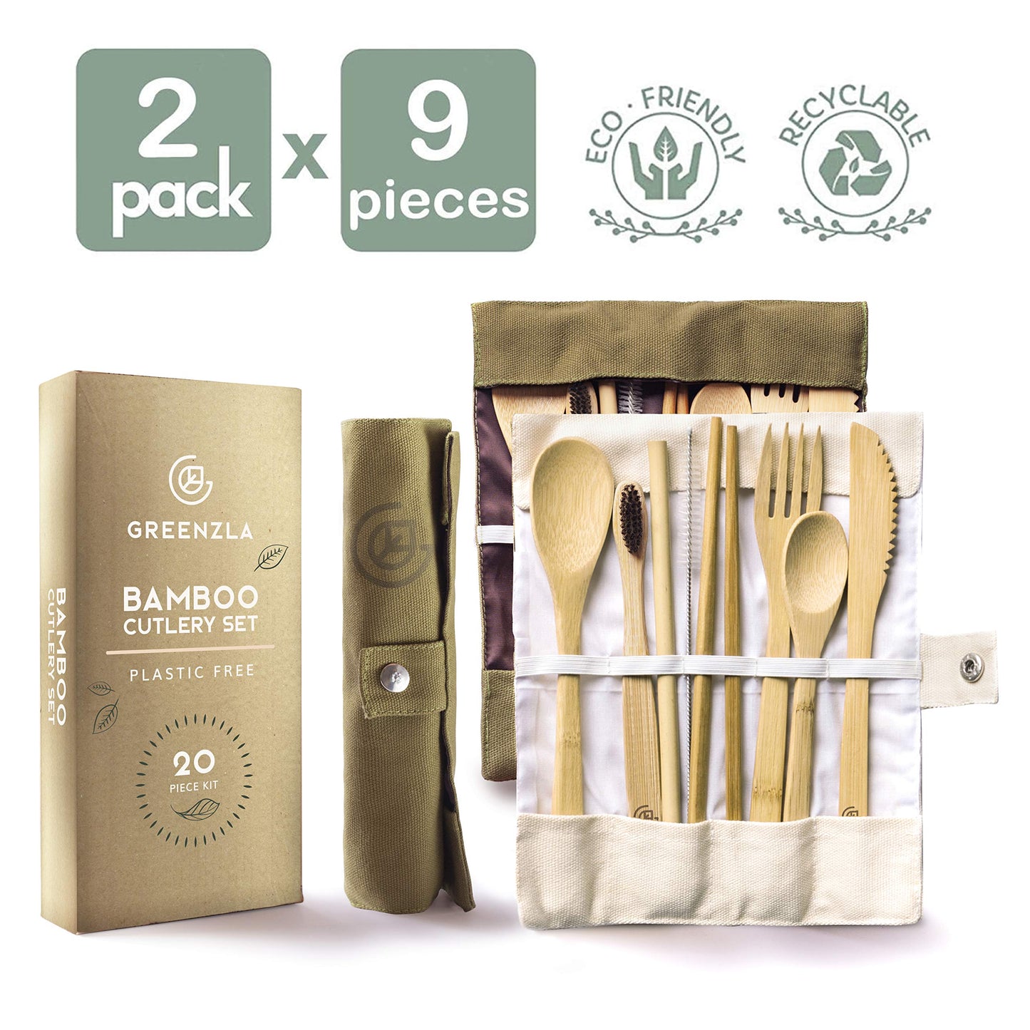 GREENZLA 2-Pack Bamboo Utensils Set - Bonus Pair of Bamboo Toothbrushes - Straw, Spoon, Fork, Knife, Teaspoon, Chopsticks, Brush & 2 Storage Bags - Reusable Cutlery Set